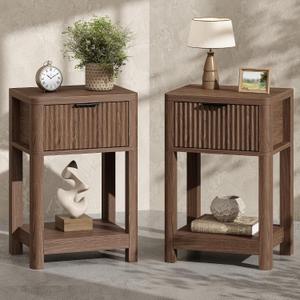 MECHYIN Nightstand Set of 2, Fluted Bedside Table with Drawer & Open Shelf, 14.96"D x 17.72"W x 23.7"H