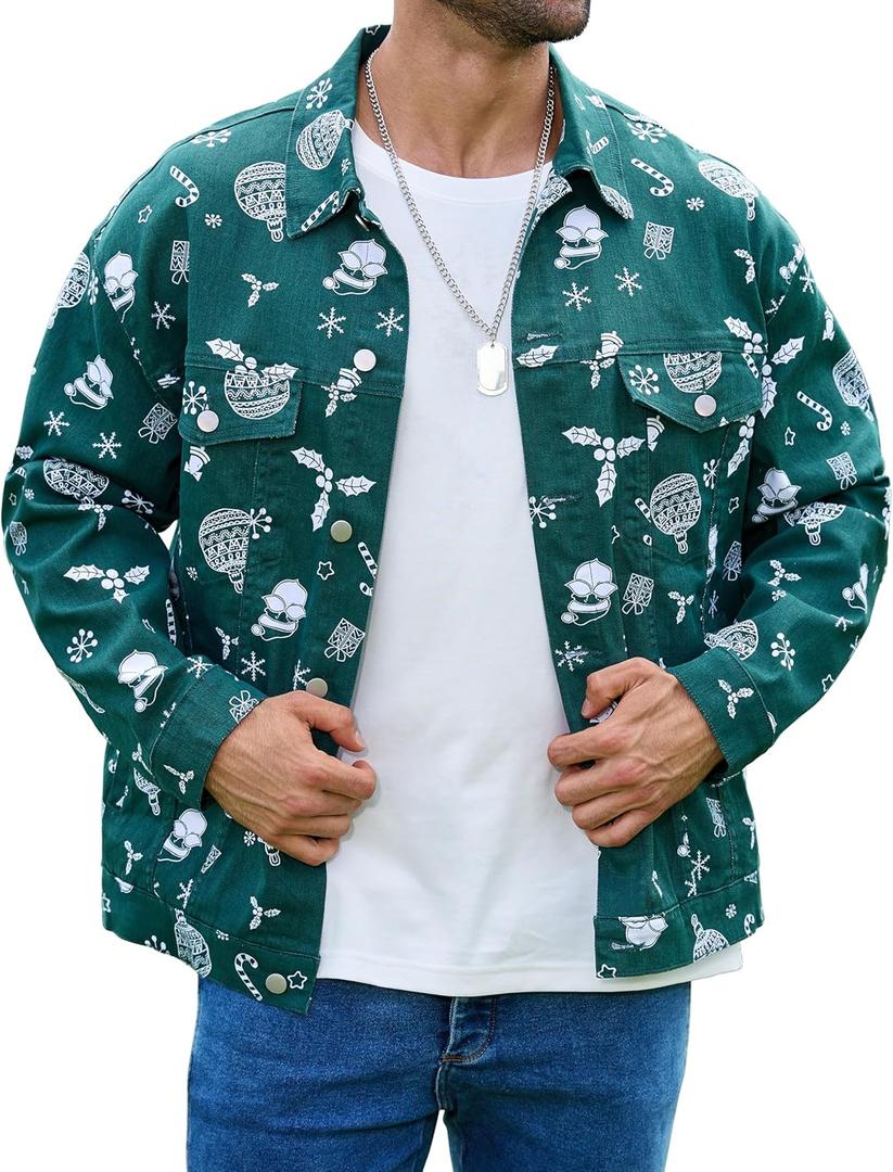Bindefon Christmas Jean Jacket Men Trucker Unlined Coats Xmas Printed Tops Stocking Stuffers for Man (Medium)