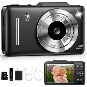 Digital Camera 4K Autofocus Vlogging Camera for Photography with 16X Zoom Anti Shake, 32GB Card, 48MP Compact Portable Point and Shoot Camera for Kids Boys Girls Teens BeginnerBlack