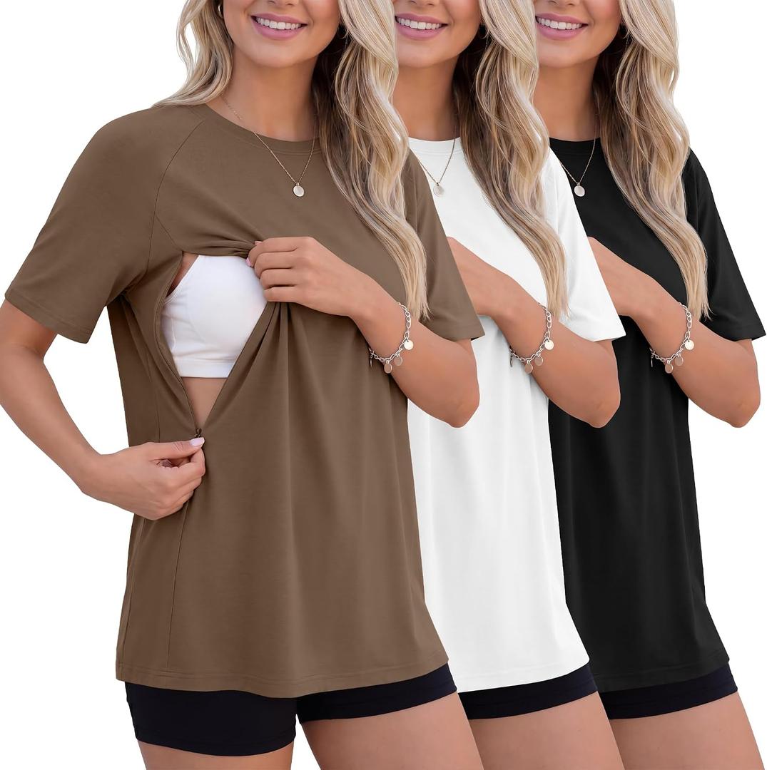 3 Pack Women's Oversized Nursing Tops for Breastfeeding with Hidden Zippers Loose Fit Short Sleeve Maternity Tops, L
