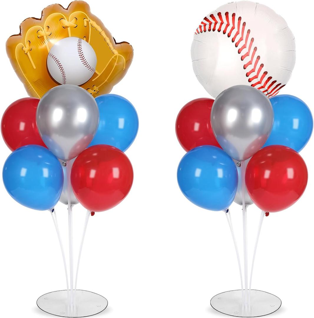 Baseball party Balloons Stand Kit 2 Sets with 2 Baseball Glove Foil Balloons Red Blue Silver Themed Party Balloon Centerpiece for Tables for Men Boys Game Sports Rookie Year 1st Birthday decorations