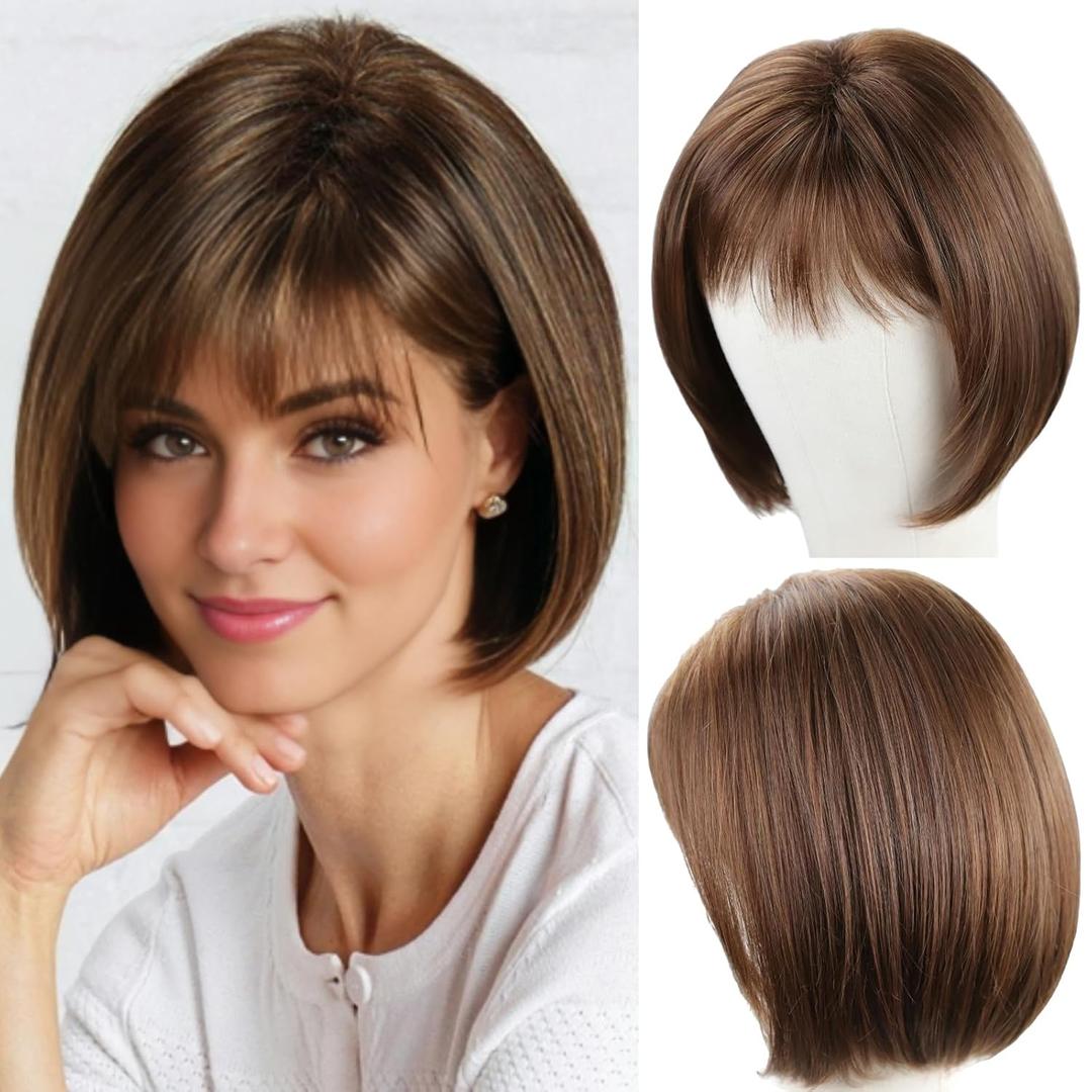 RENERSHOW Short Brown Bob Wigs for Women Brown Mixed Blonde Synthetic Wig with Bangs 10inch Average Size Natural Looking Daily Party Wig