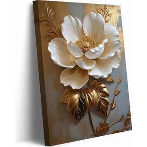 RDXLTOFO 3D Floral Canvas Wall Art White Flower Wall Decor with Gold Leaves Modern Abstract Botanical Painting for Living Room Bedroom Office Elegant Textured Artwork Ready to Hang 16x24 Inch
