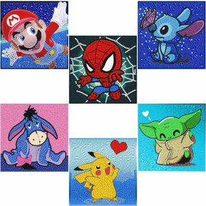 LWZAYS 6 Pack 5D Cartoon Diamond Painting Kits for Kids Beginners, Diamond Art Kit for Kids Ages 8-12, Mosaic DIY Full Round Drill Big Gem Art for Kid, Home Wall Decoration 6X6 inch