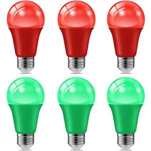 haraqi 6 Pack 9W (60W Equivalent) 120V E26 Base A19 LED Colored Light Bulb, Red Green LED Lights for Party Christmas Decor and Halloween Lighting