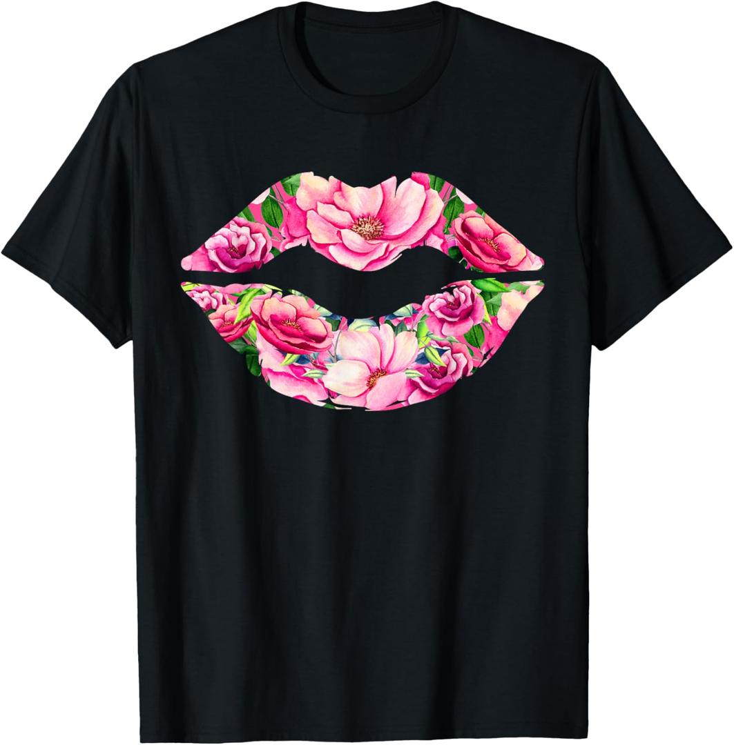 Pink Lips Flower Lip Print - Flower Pink Lips T-Shirt