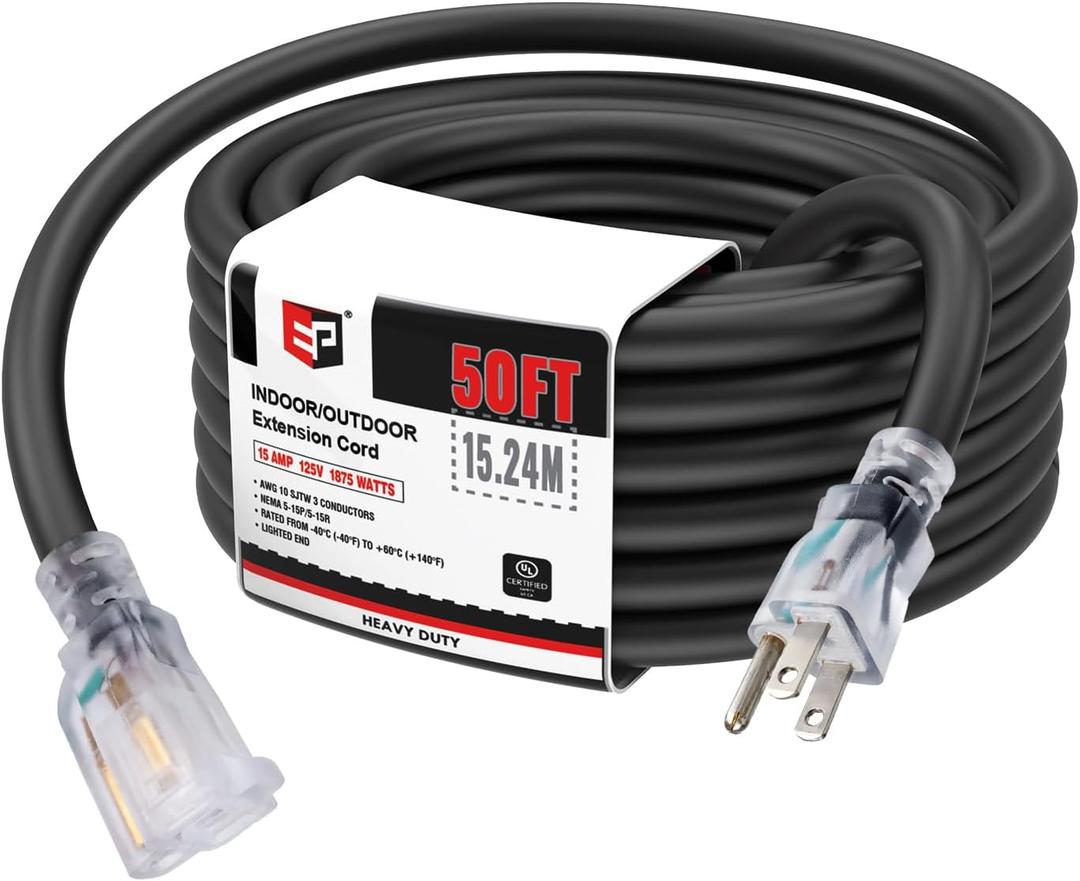 EP 50 Ft Lighted Outdoor Extension Cord - 10/3 SJTW Heavy Duty Black Extension Cable with 3 Prong Grounded Plug for Safety, UL Listed