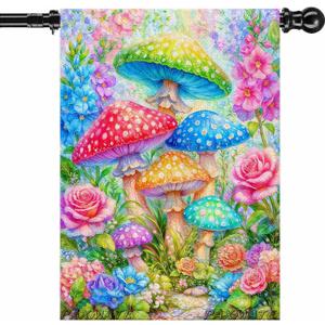 Spring Summer House Flag 28x40 Inch Double Sided Outside Colorful Mushroom Floral Flowers Outdoor Seasonal Holiday Welcome Yard Decoration