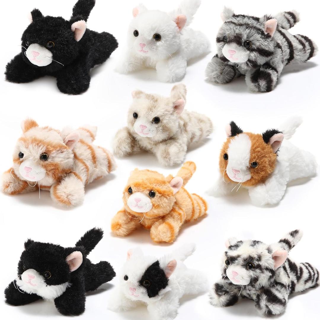 Lenwen 10 Pcs Cat Stuffed Animals Bulk Soft Cuddly Kitten Plush Sets Smitten Kittens Assorted Fluffy Stuffed Cats for Kiddos Birthday Gift Pet Party Favors Goodie Bags Stuffers(Prone Style)
