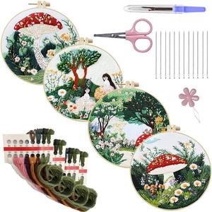SEAYOXIN Beginner Embroidery Kit Adults, 4 Set Mushroom Garden DIY Craft Starter Kit with Hoops Tools Needle Threads, Hand Embroidery Set for Gift and Home Decor DIY Starter Kit Needlepoint Kit