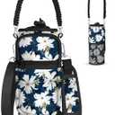 Under 32 oz Water Bottle Holder Bag with Strap - Crossbody & Woven Handle Sling for Carrier Walking with Phone Pocket (White Flower)