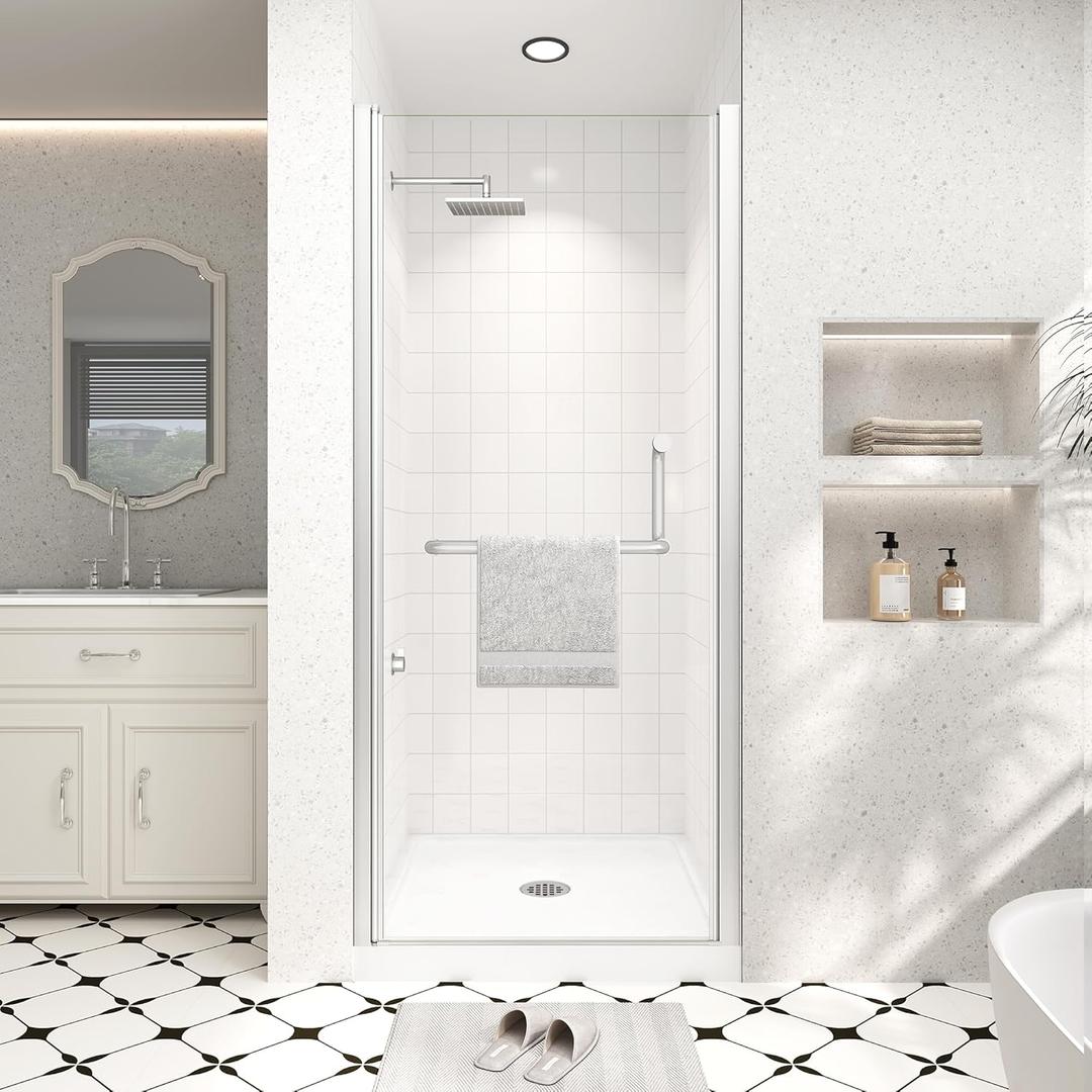 Frameless Pivot Shower Door 32"-34" Wx72 H,1/4"(6mm) Clear Nano Coated (SGCC) Tempered Glass,Reversible Swing Shower Door for Walk-in Shower,Modern Brushed Nickel Finish