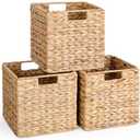 12 x 10 in Water Hyacinth Storage Baskets, Wicker Storage Baskets for Shelves, Foldable Square Bins for IKEA Kallax Set of 3, Large Cubby Rattan Basket, Wicker Basket for Organizing