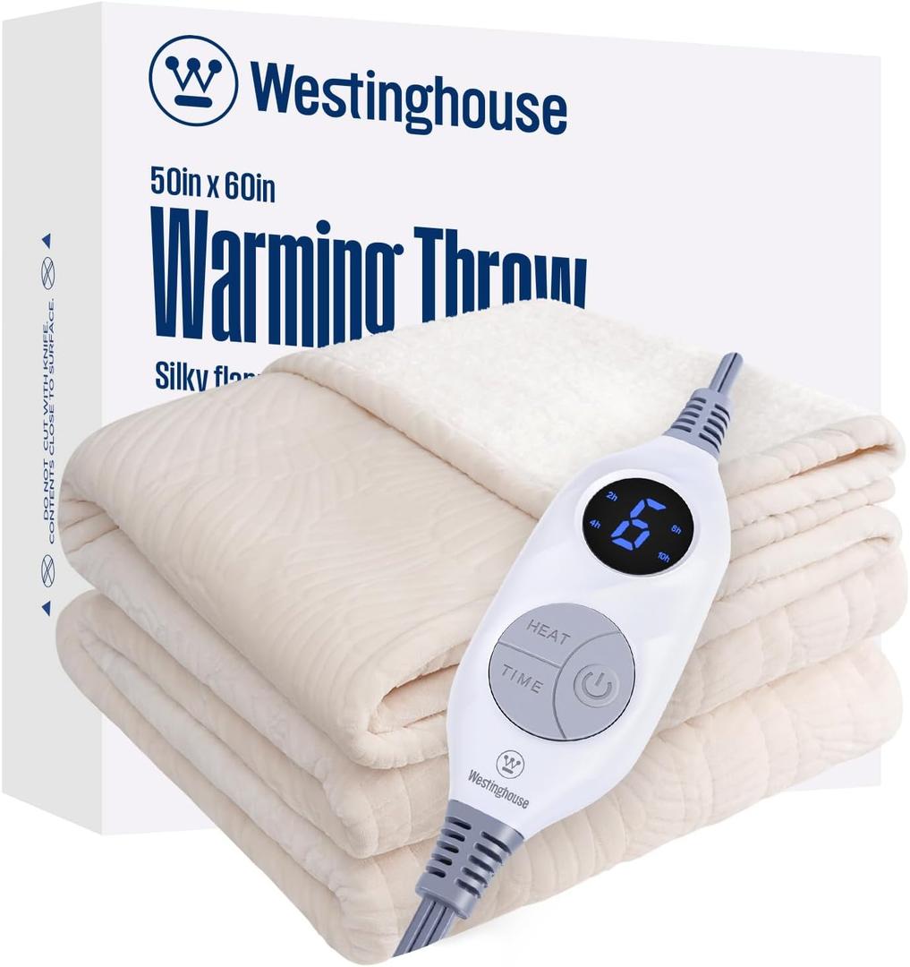 Westinghouse Electric Throw Blanket, Flannel Sherpa Heated Throw with 6 Heating Levels and 2-10 Hours Auto-Off, Flower Jacquard Heated Blanket, Fast Heating & ETL Certification, 50" x 60" Inch, Beige