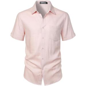 ZEROYAA Men's Linen Shirts Short Sleeve Summer Casual Button Down Beach Shirt with Pocket (Pink, M)