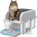 8" Deep Stainless Steel Cat Litter Box with Lid Extra Large Litter Box for Big Cats XL Metal Litter Pan Tray with High Wall Sides Enclosure, Non-Sticky, Anti-Leakage, Easy Cleaning (Light Grey & Sliver)