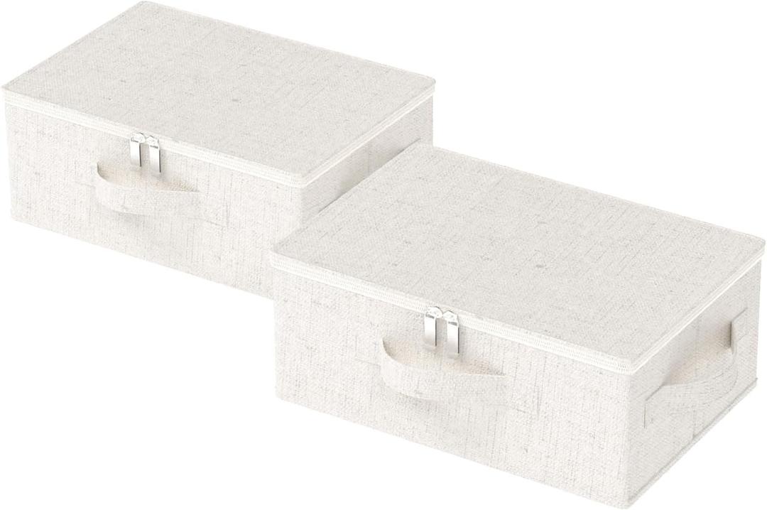 Underbed Storage Box with Lid, Foldable Clothes Organizers, Home Organising Baskets for Clothes, Shoes, Blankets, Pillows, 14.9x10.2x5.9Inches, Beige, 2 Pack