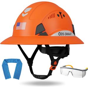 Full Brim Hard Hat ANSI Z89.1 Type 1 & OSHA Certified Safety Helmet with Glasses and Cooling Towel,with 6-Point Suspension & Adjustable Vents