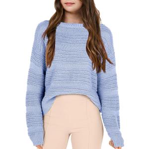 Girls Pullover Sweater Crewneck Long Sleeve Solid Soft Knit Sweater (7-8 Years, Blue)