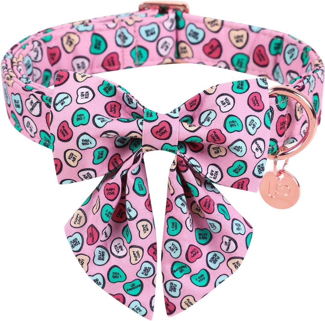 Valentine's Day Dog Collar with Bow Tie, Pink Cotton Collar with Metal Buckle, S, Neck 10-16in