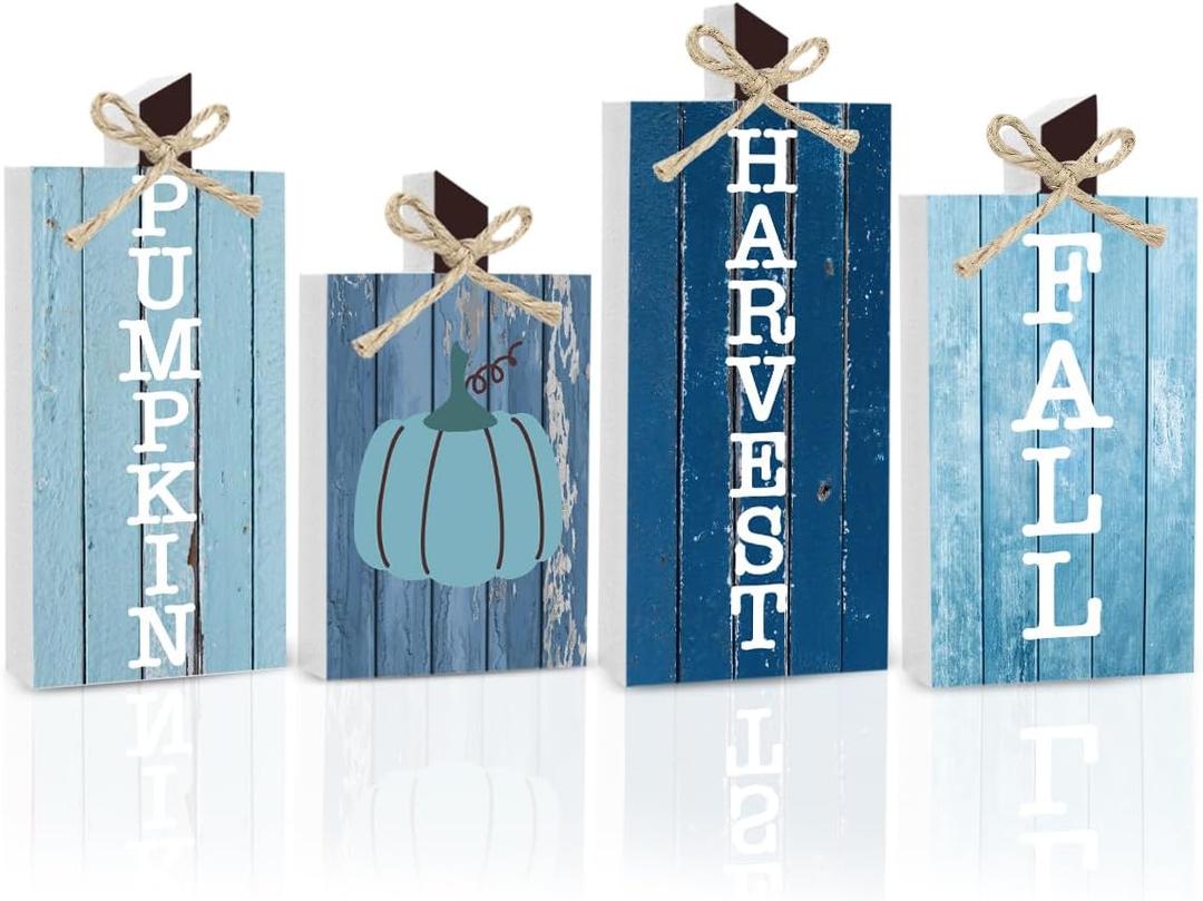4 PCS Fall Decorations for Home Blue Fall Decor Centerpieces for Tables Pumpkin Falls Letter Decor Thanksgiving Decorations Harvest Autumn Farmhouse Table Sign for Kitchen Mantel