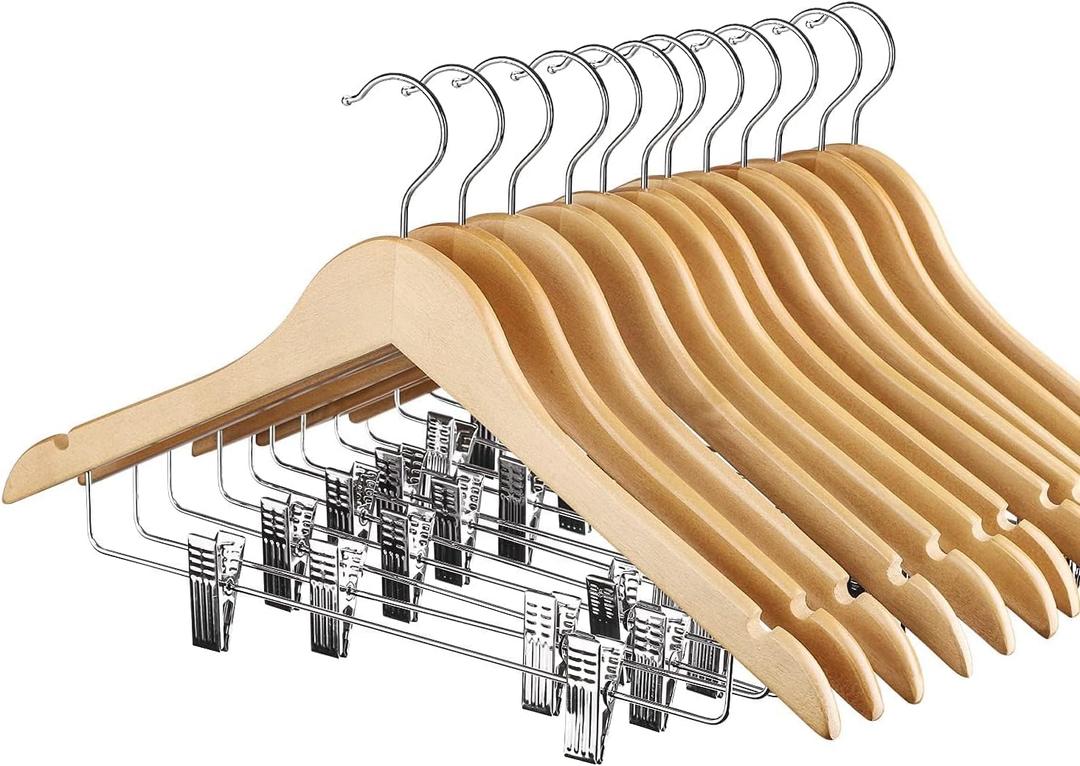 HOUSE DAY 12 Pack High-Grade Wooden Suit Hangers Skirt Hangers with Clips Solid Wood Pants Hanger Natural Smooth Finish Premium Wood Hanger with Durable Metal Clips for Blouse, Dress, Coat, Jacket