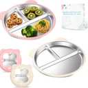 Stainless Steel Kids Plate with Suction Set of 2, 9 Toddler Divided Plates with Removable Non Slip Silicone Sleeves, Unbreakable Baby Snack Dishes, BPA Free, Beige & Light Pink