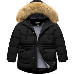 Boy's Winter Coat Waterproof Kids Puffer Jacket Thicken Parka Fleece Lined Bubble Ski Snow Outerwear with Fur Hood (8-9, Black)