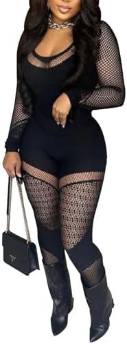 WEICHUJIAN Women Sexy See Through Womens Jumpsuit Outfits Mesh Hollow Out Crop Top Bodycon Long Sleeve Rompers XL