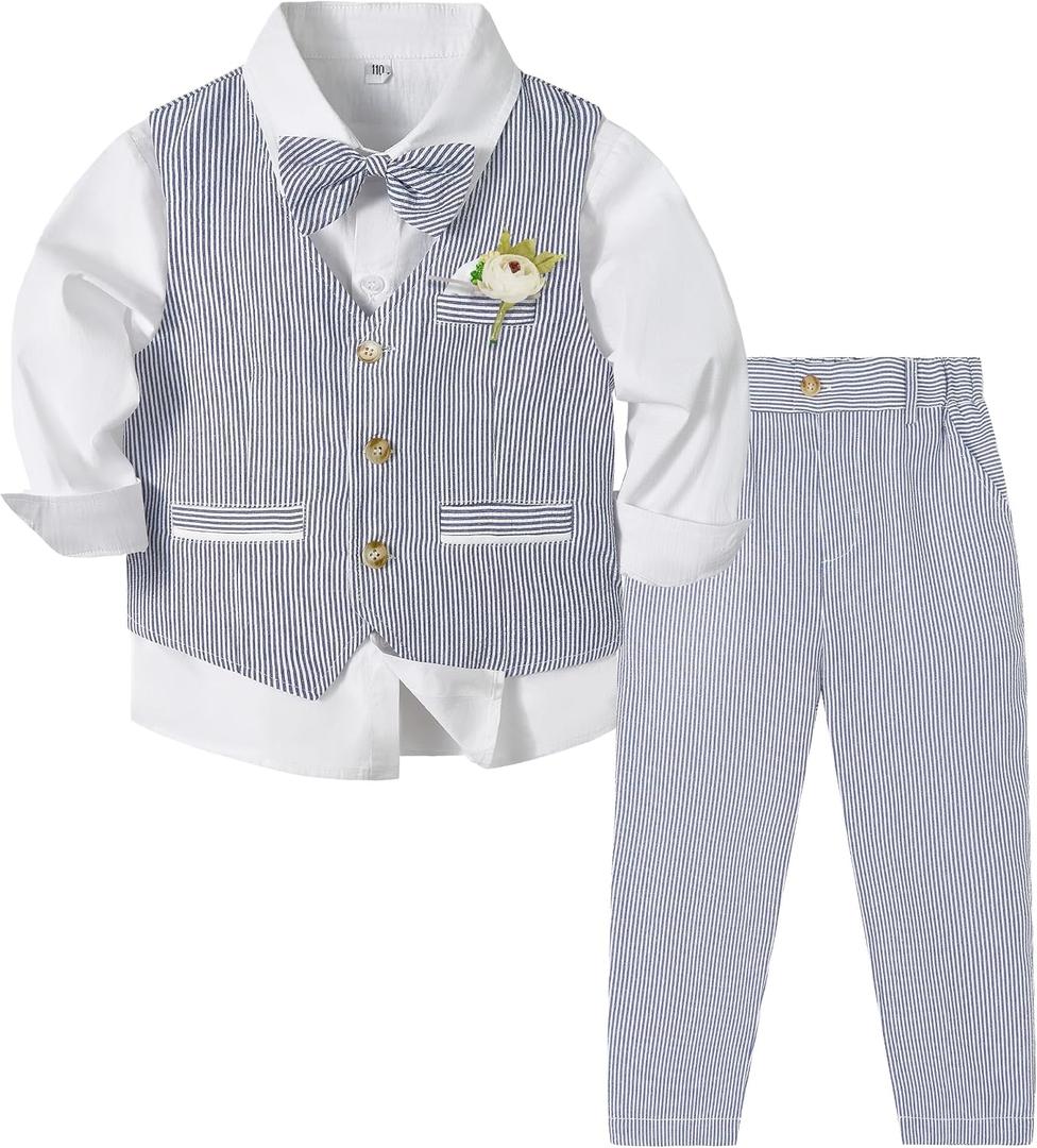 Volunboy Baby Boy Formal Prom Striped Pants Set Seersucker Wedding Guest Ring Bearer Outfits Gentleman Dress Shirt Summer Beach Bowtie Vest Suits (Navy, 2-3T)