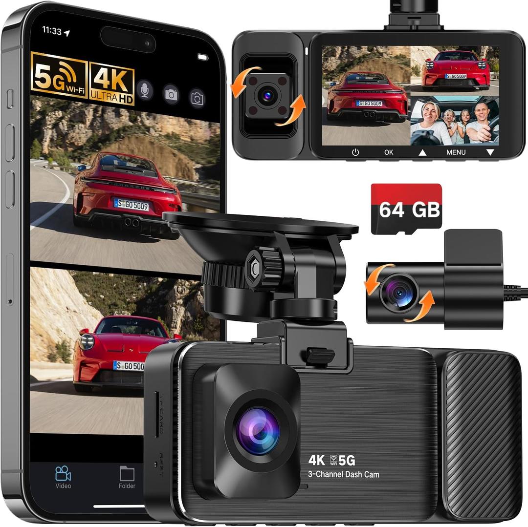 WECOOL 4K UHD 3 Channel Dash Cam Front and Rear Inside, Free 64GB Card Included, 360 Wide-Angle Full-View Dash Camera for Cars with Night Vision, 24H Parking Mode, G-Sensor, Loop Recording, 5GHz WiFi (Matte Black)