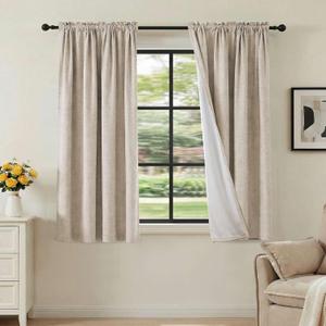 H.VERSAILTEX Linen Look 100% Blackout Curtains 45 Inches Long for Bedroom Full Light Blocking Rod Pocket 42 Inches Wide Linen Textured Thick Window Curtain Drapes with White Backing, Natural, 2 Panels