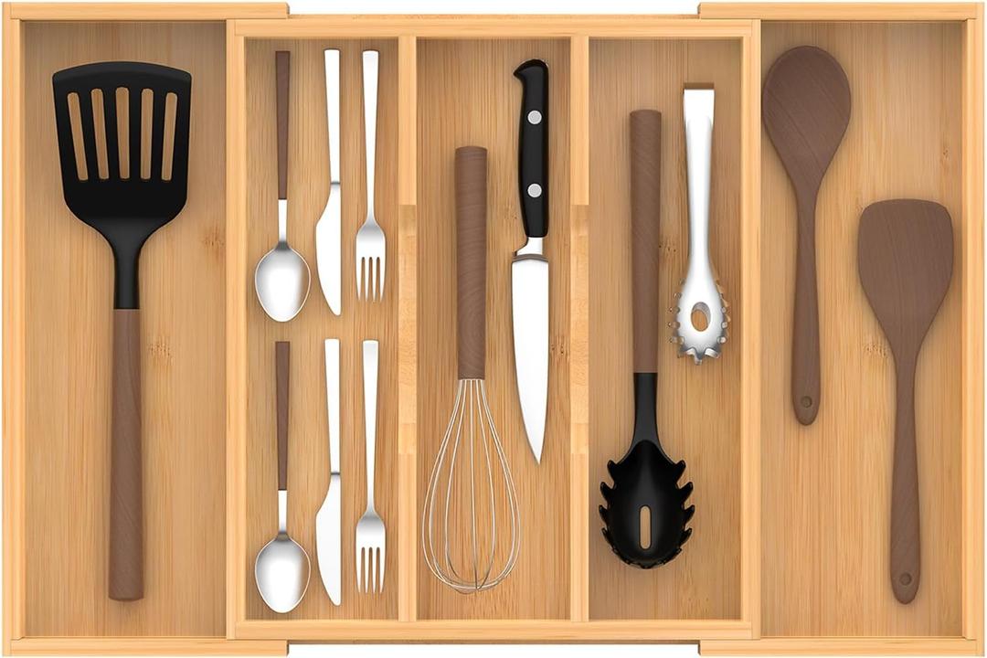 Bamboo Expandable Kitchen Drawer Organizer, 13" to 23" Adjustable Utensils and Cutlery Tray, Wood Drawer Organizer for Silverware Flatware (5 Slots Expandable)