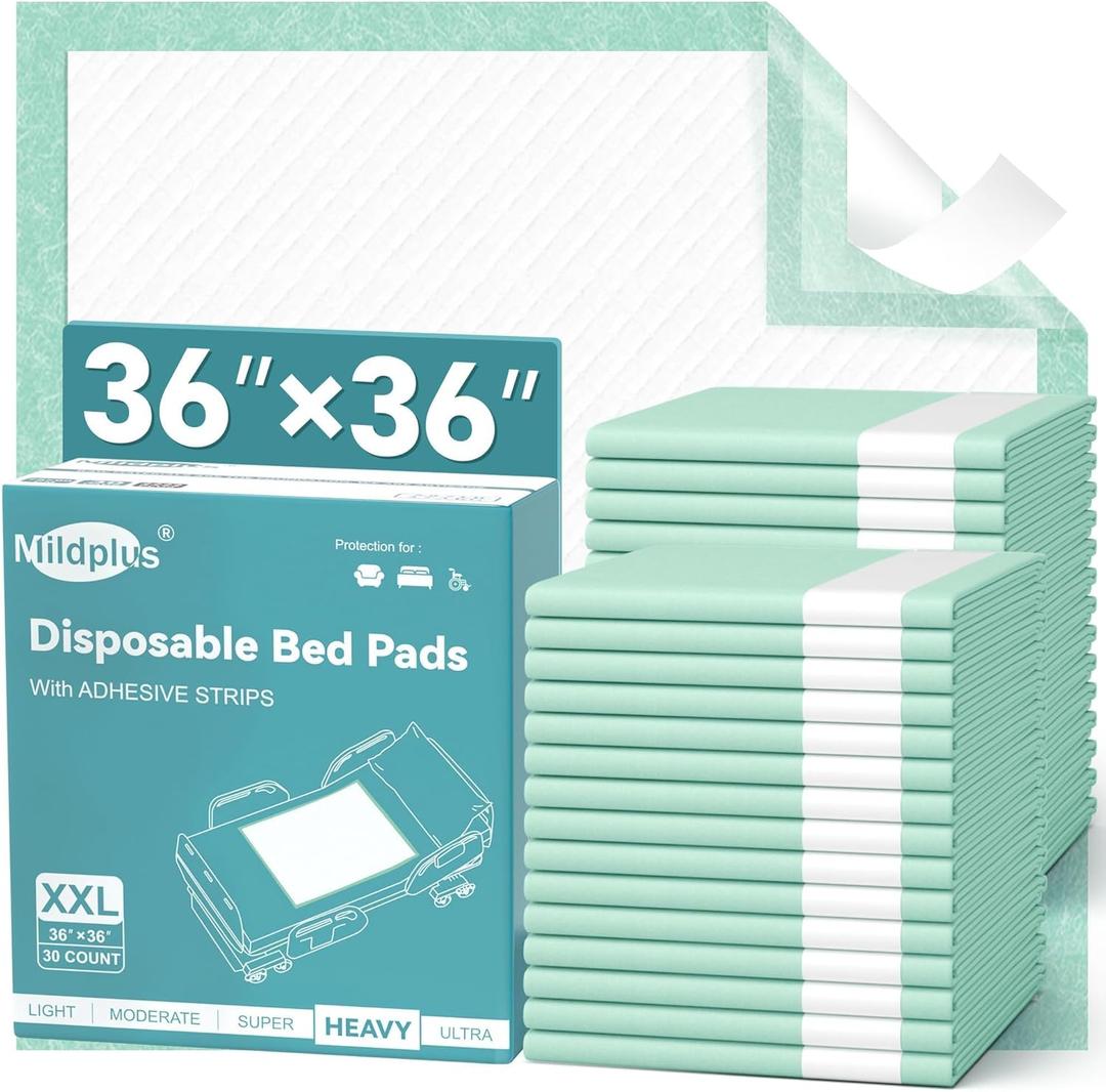 MILDPLUS Disposable Bed Pads with Adhesive Strips 36''X36'' 30 Count Chucks Disposable Underpads Extra Large Thicker Incontinence Pads for Unisex Adult, Senior, Kids and Pet