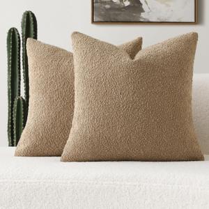 FUTEI Pack of 2 Khaki Decorative Throw Pillow Covers 20x20 Inch Soft Cozy Solid Boucle Textured Cushion Case, Modern Home Decor for Couch Bed Living Room