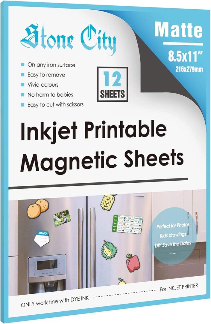 Stone City Printable Magnetic Sheets 8.5x11 Inch, 12 Sheets Matte Magnet Paper Sheet for Inkjet Printer, Flexible Magnetic Printer Paper for Fridge, DIY Crafts