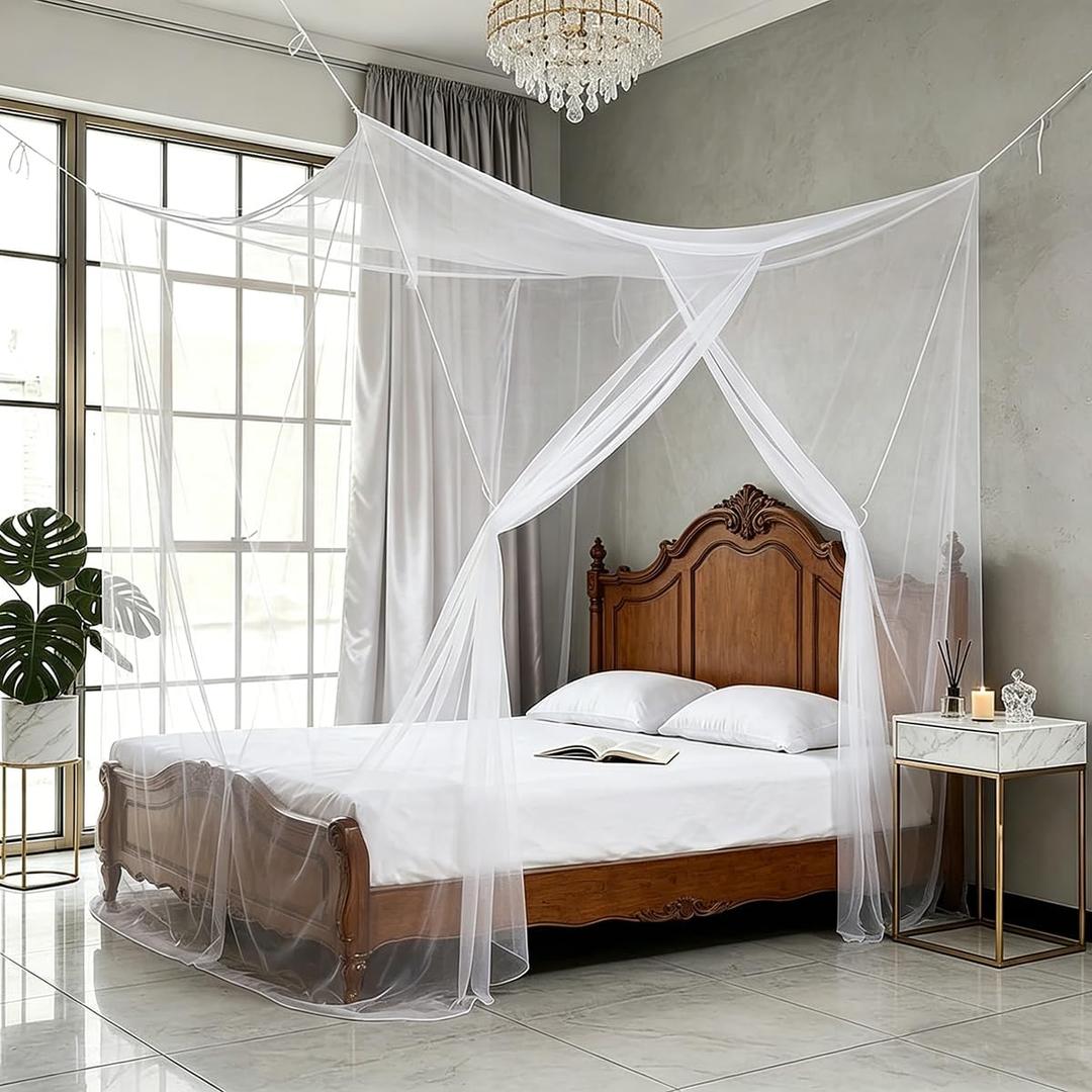 Canopy Bed Curtains One Side Opening Mosquito Net Canopy Netting Bed Drapes for Camping Home Outdoor Travel Dormitory(White,Twin)