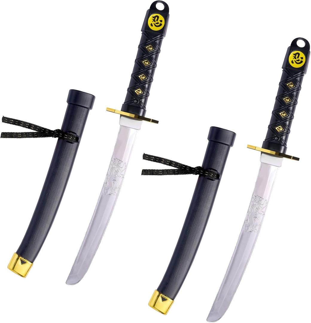 2 Pcs Plastic Samurai Sword with Sheath, Ninja Swords Katana Toy Halloween Costume Accessories for Boys, 16.5'' Length Black