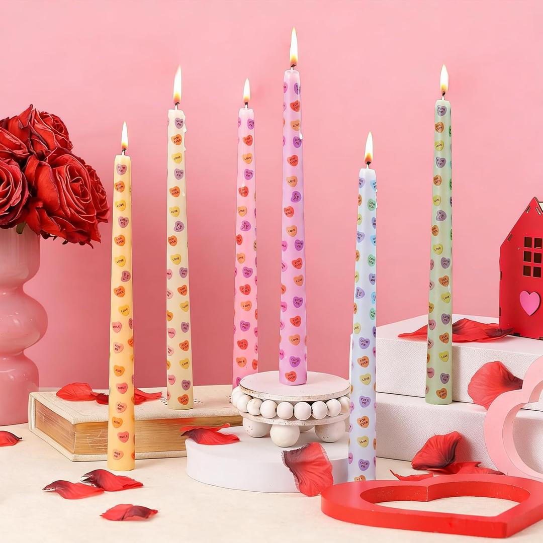 Treela 12 Pcs Valentine's Day Conversation Heart Candles 9.8 Inch Candy Heart Taper Candle Unscented Candlestick for Wedding Anniversary Home Party Supplies Restaurant Dining Table Decoration 6 Colors
