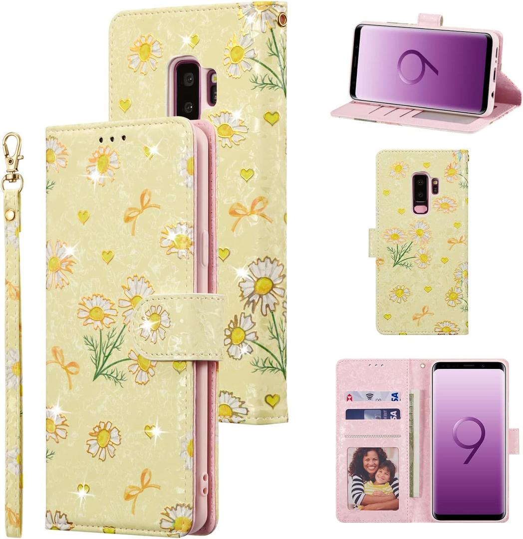 UEEBAI Wallet Case for Samsung Galaxy S9 Plus, PU Leather Phone Case Kickstand RFID Blocking Flip Case with Card Slots Wrist Strap Relief Engraved Pattern Magnetic Closure Folio Case - Yellow Daisy