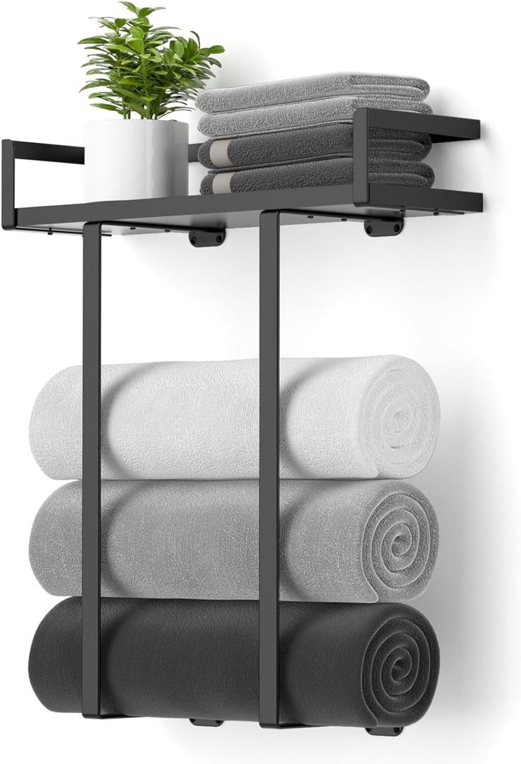 Towel Racks for Bathroom Wall Mounted, Xstydes Metal Towel Holder with Wooden Shelf for Folding Large Towels, Towel Storage for Small Bathroom Organizer Decor or RV Camping, Black