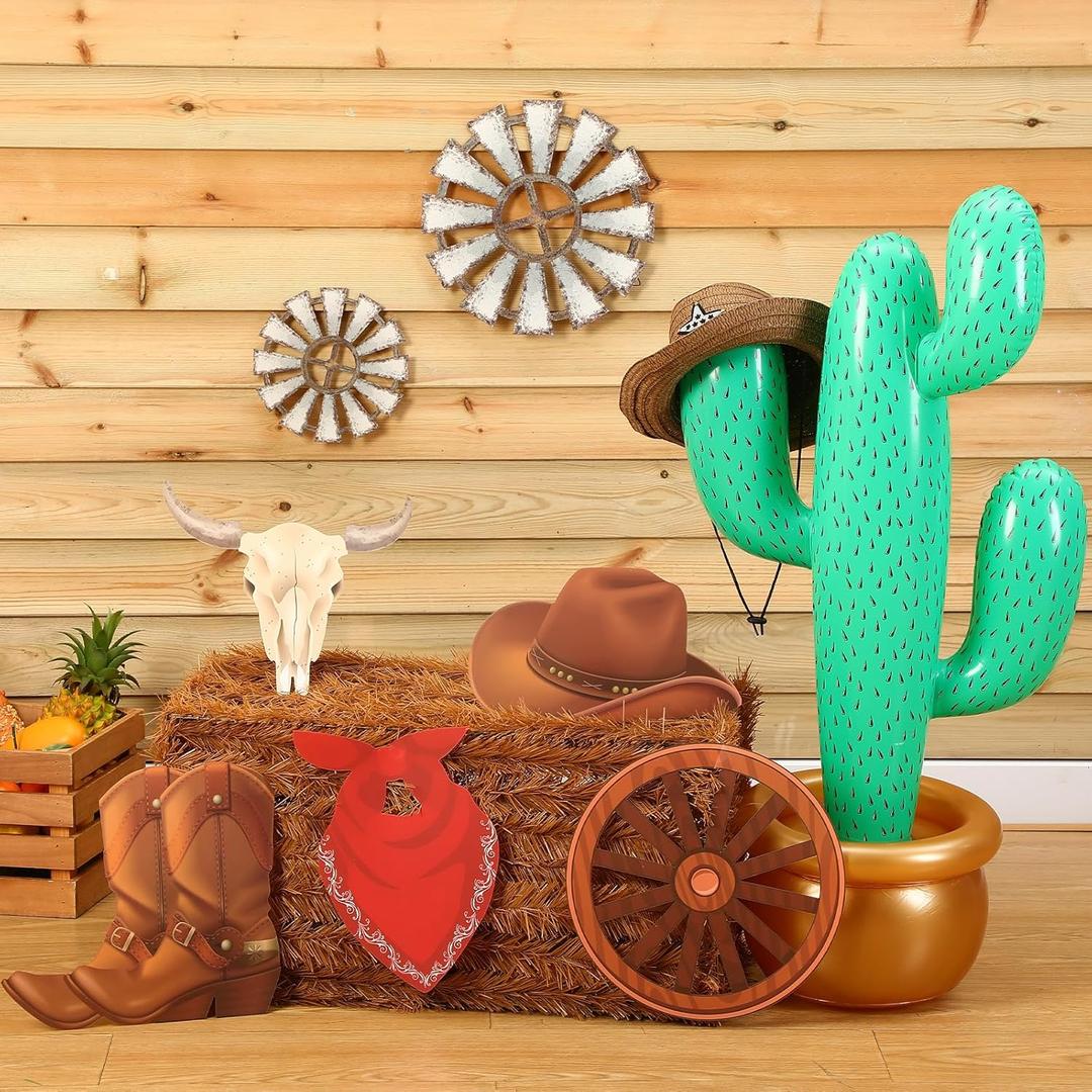 7 Pcs Western Cowboy Party Decorations Artificial Decorative Straw Hay Western Cowboy Centerpieces Decor Inflatable Jumbo Cactus Prop for Fall Harvest Farm Photo Booth Props Party
