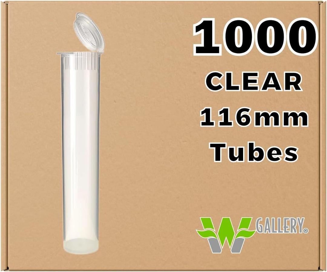 W Gallery 1000 Clear 116mm Open Cap Pop Top Tubes for Pre Rolls, Airtight Smell Proof Pop Top Containers, Medical Grade Storage for Herbs Pills