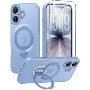 FNTCASE for iPhone 17 Case: [360 Spin Magnetic Stand] [Compatible with Magsafe] [Screen Protector] Translucent Matte Military Grade Shockproof Full Camera Protective Phone Cover - Light Blue