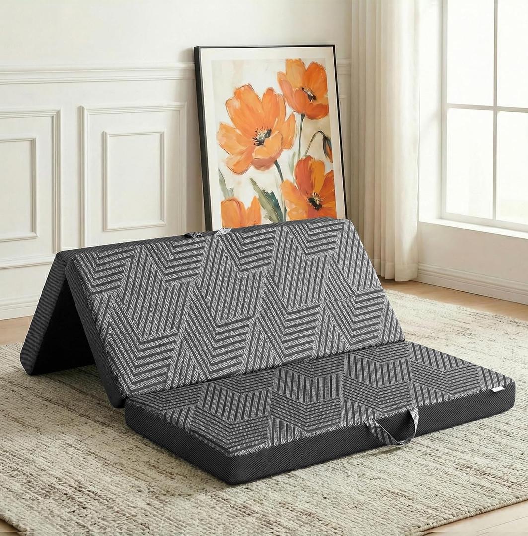 Tri Folding Mattress 4 Inch Full, Memory Foam Foldable Bed, Zero Odor, 100% Polyester Removable Cover, Sturdy Handles, Breathable Mesh & Non-Slip Bottom, CertiPUR-US Certified, 73"x 52"
