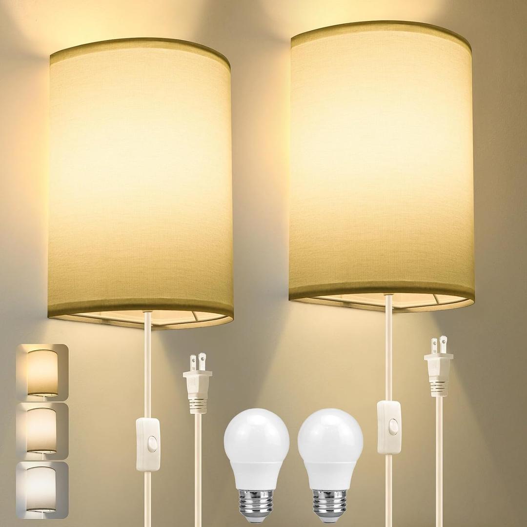 Plug in Wall Sconce, 3 Color, Set of Two, Industrial Wall Lamp with Plug in Cord, Rustic Fixture, On/Off Switch Vintage Wall Light Fixture for Headboard Bedroom Porch (White)