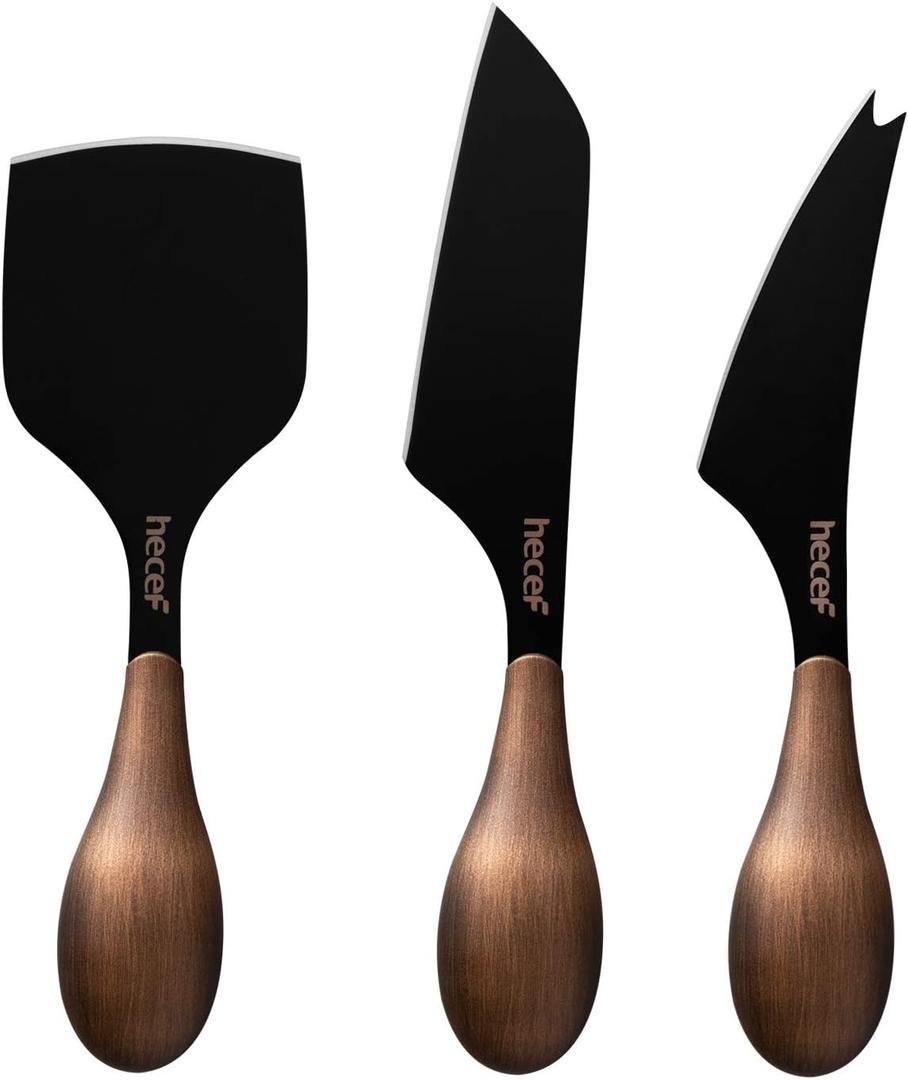hecef Cheese Knife Set of 3, Bronze Grain Multipurpose Retro Cheese Knives, Set includes Pronged, Hard Cheese & Chisel Knife, Black