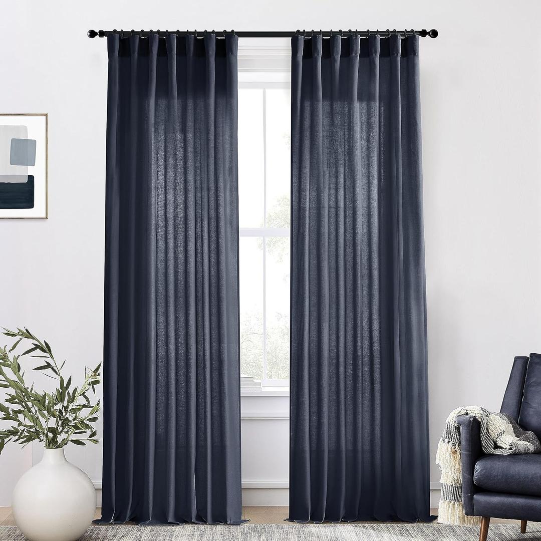 XTMYI Indigo Blue Curtains 108 Inches Long for Living Room 2 Panels Set Back Tab Hook Pleat Linen Extra Long Sheer Curtain Drapes for Dining Room, Total Wide 100 x 108 Inch Length, Dark Navy