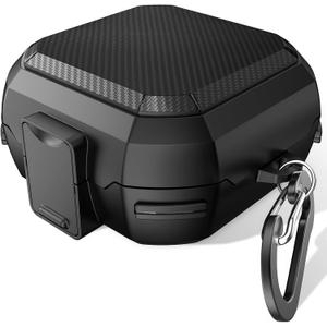 Compatible with Powerbeats Pro Case Cover, Military Carbon Fiber Powerbeat Pro Case, Four-Corner Wrapping and Safety Lock 360 Protect Your Powerbeats Pro with Keychain, Black (Black)