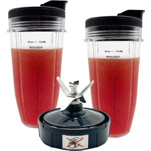 Blender 24 oz Cups with Lids & 7 Fins Extractor Blade Replacement Parts Compatible with Nutri Ninja Auto iQ AMZ493BRN BL450-30 BL456-30 BL480-30 BL480D BL482-30 BL494 BL642 BL682 BN401 BN801 CT682SP